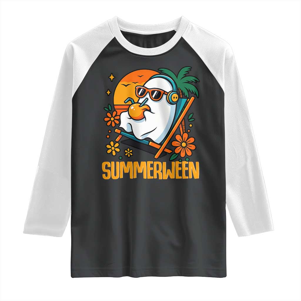 Tropical Summerween Boo Sheet Raglan Shirt Funny Ghost Halloween Summer Beach Vibes TS02 Black White Print Your Wear
