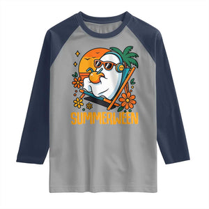 Tropical Summerween Boo Sheet Raglan Shirt Funny Ghost Halloween Summer Beach Vibes TS02 Sport Gray Navy Print Your Wear