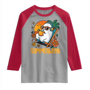 Tropical Summerween Boo Sheet Raglan Shirt Funny Ghost Halloween Summer Beach Vibes TS02 Sport Gray Red Print Your Wear