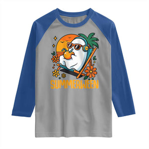 Tropical Summerween Boo Sheet Raglan Shirt Funny Ghost Halloween Summer Beach Vibes TS02 Sport Gray Royal Print Your Wear