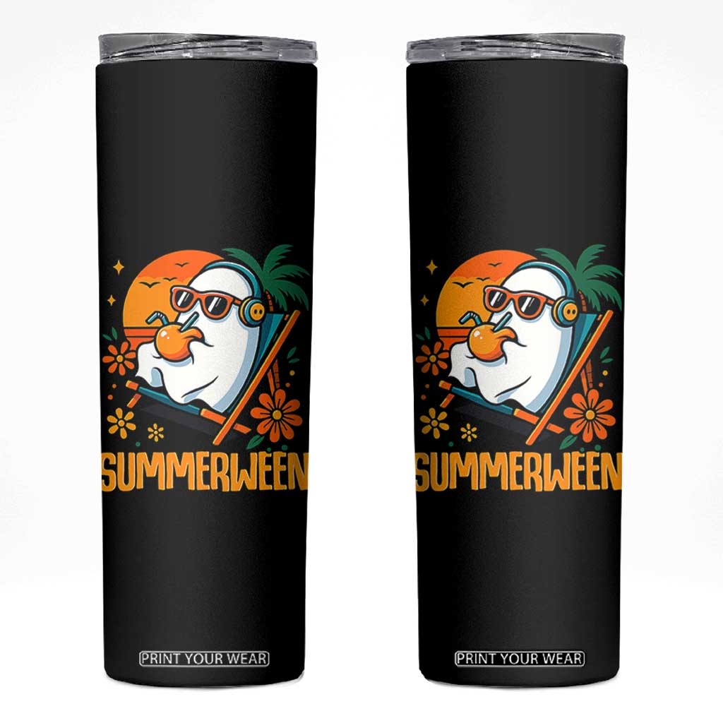 Tropical Summerween Boo Sheet Skinny Tumbler Funny Ghost Halloween Summer Beach Vibes TS02 Black Print Your Wear