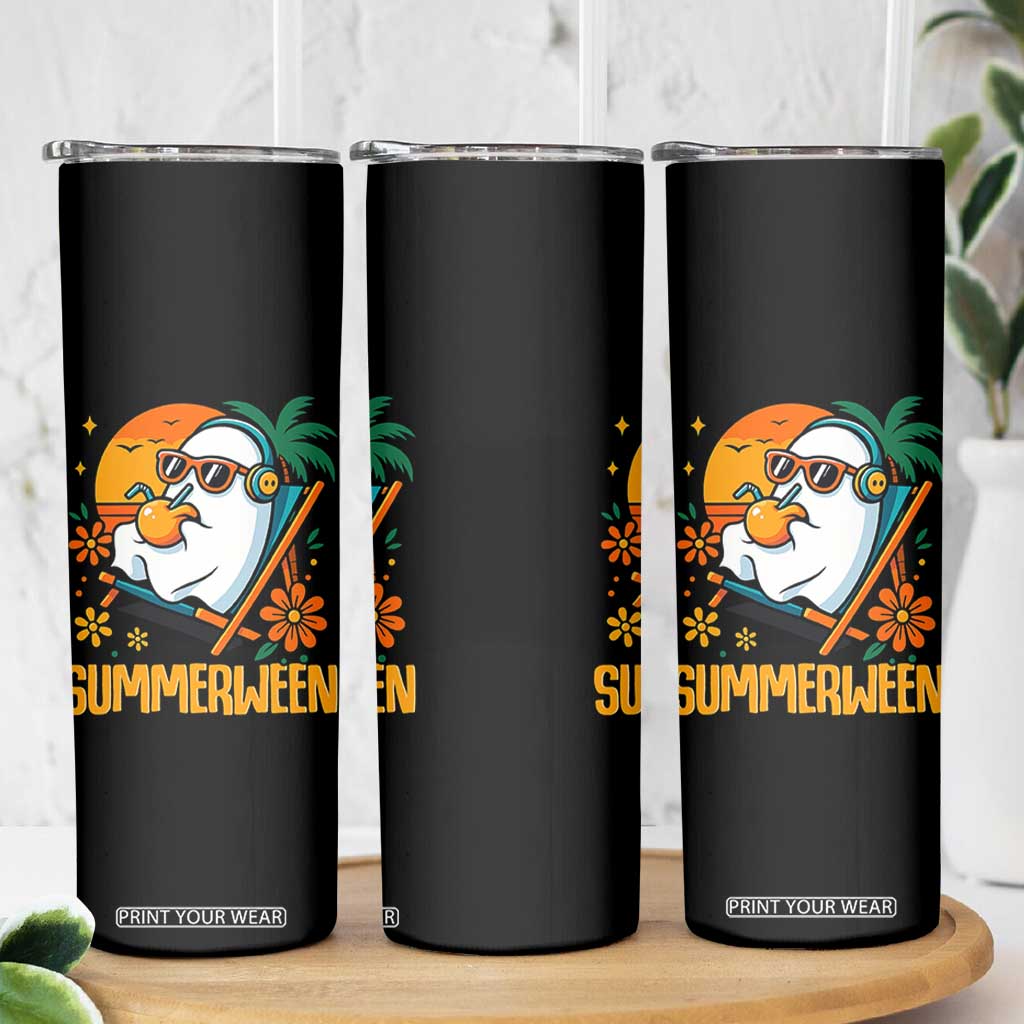 Tropical Summerween Boo Sheet Skinny Tumbler Funny Ghost Halloween Summer Beach Vibes TS02 Print Your Wear