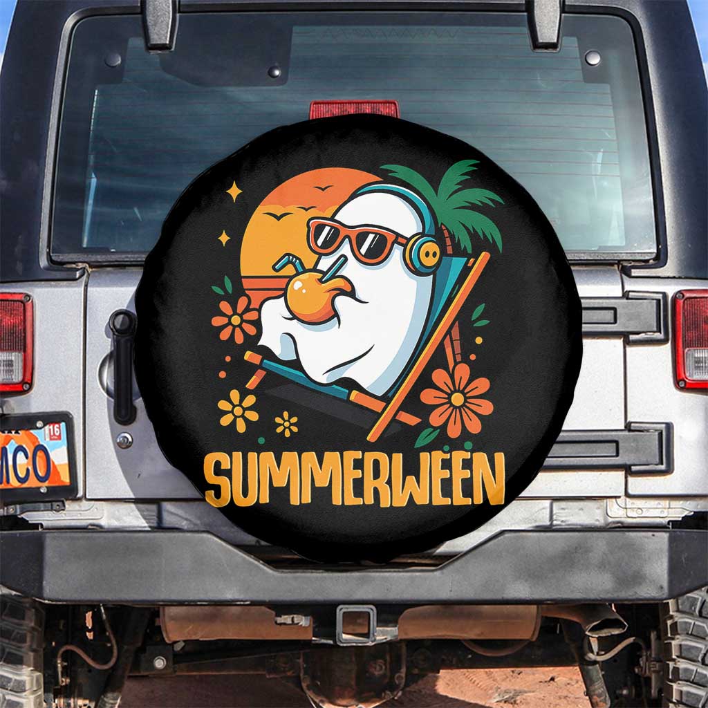 Tropical Summerween Boo Sheet Spare Tire Cover Funny Ghost Halloween Summer Beach Vibes TS02 No hole Black Print Your Wear