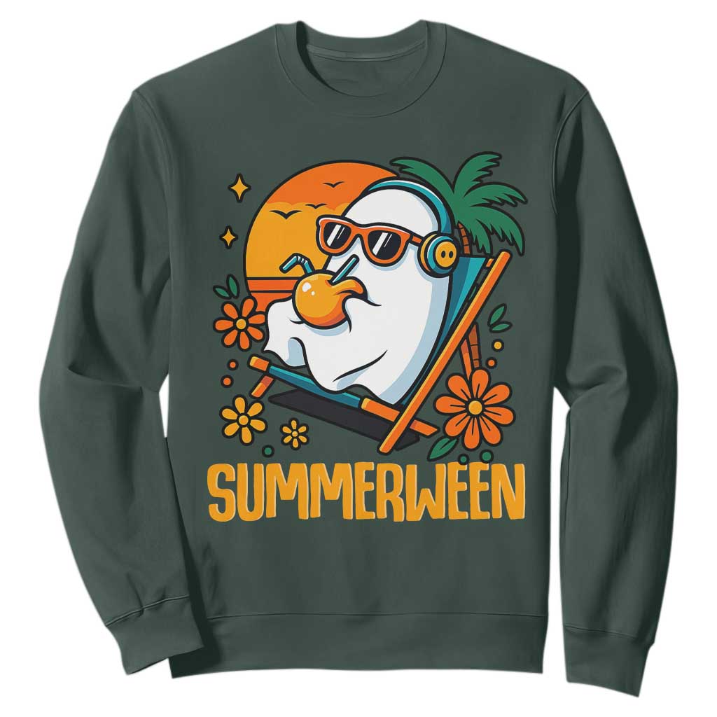 Tropical Summerween Boo Sheet Sweatshirt Funny Ghost Halloween Summer Beach Vibes TS02 Dark Forest Green Print Your Wear
