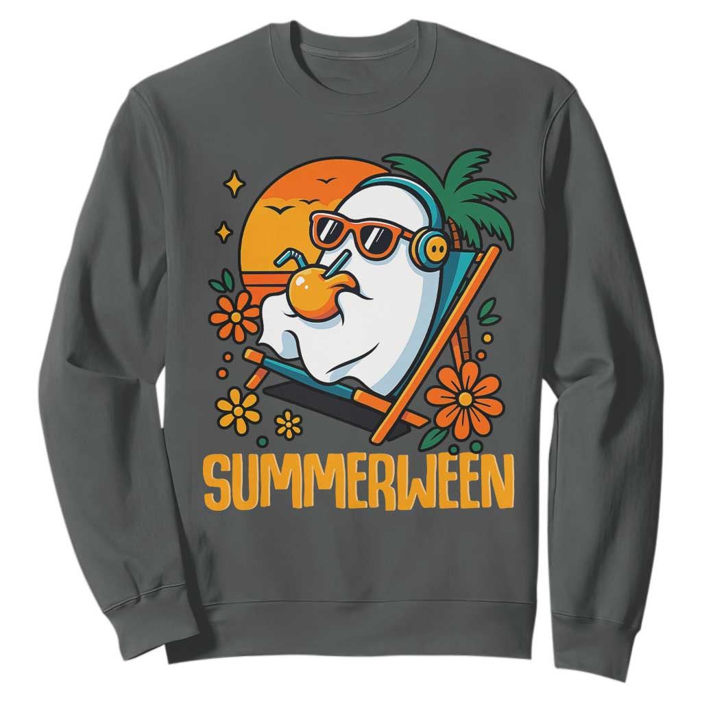 Tropical Summerween Boo Sheet Sweatshirt Funny Ghost Halloween Summer Beach Vibes TS02 Dark Heather Print Your Wear