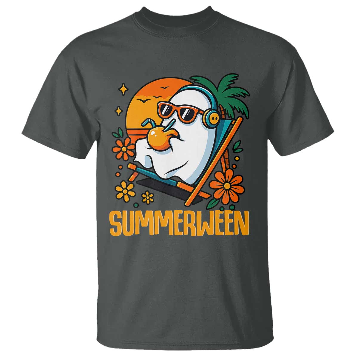 Tropical Summerween Boo Sheet T Shirt Funny Ghost Halloween Summer Beach Vibes TS02 Dark Heather Print Your Wear