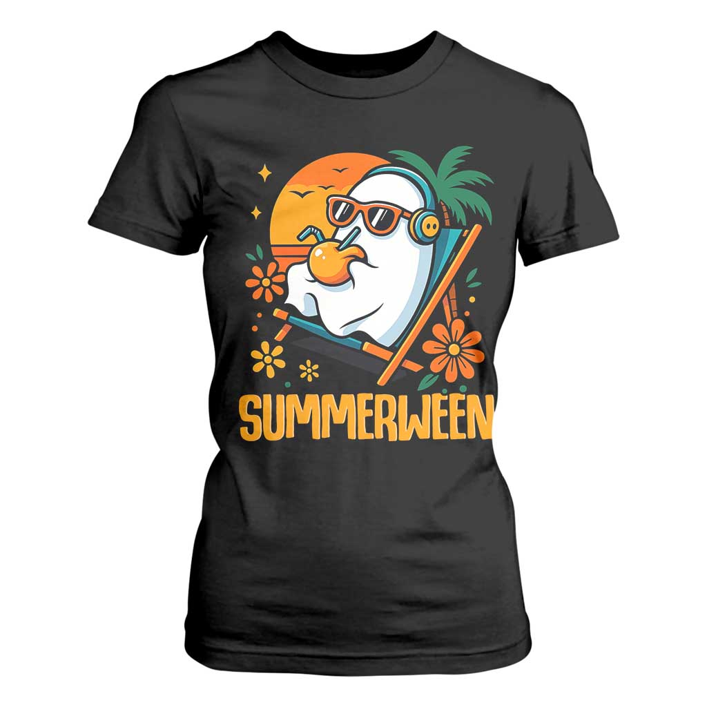 Tropical Summerween Boo Sheet T Shirt For Women Funny Ghost Halloween Summer Beach Vibes TS02 Black Print Your Wear