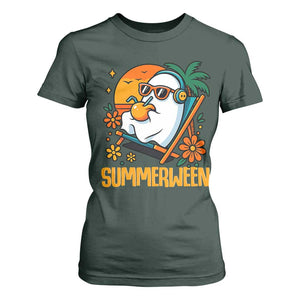 Tropical Summerween Boo Sheet T Shirt For Women Funny Ghost Halloween Summer Beach Vibes TS02 Dark Forest Green Print Your Wear