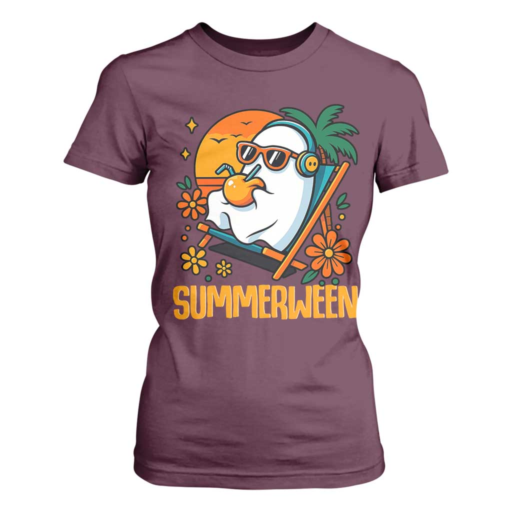 Tropical Summerween Boo Sheet T Shirt For Women Funny Ghost Halloween Summer Beach Vibes TS02 Maroon Print Your Wear
