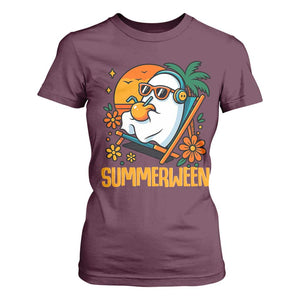 Tropical Summerween Boo Sheet T Shirt For Women Funny Ghost Halloween Summer Beach Vibes TS02 Maroon Print Your Wear