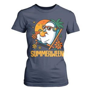 Tropical Summerween Boo Sheet T Shirt For Women Funny Ghost Halloween Summer Beach Vibes TS02 Navy Print Your Wear