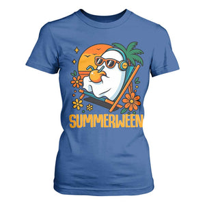 Tropical Summerween Boo Sheet T Shirt For Women Funny Ghost Halloween Summer Beach Vibes TS02 Royal Blue Print Your Wear