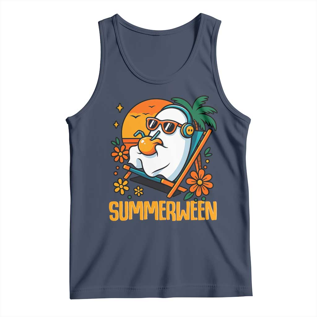 Tropical Summerween Boo Sheet Tank Top Funny Ghost Halloween Summer Beach Vibes TS02 Navy Print Your Wear