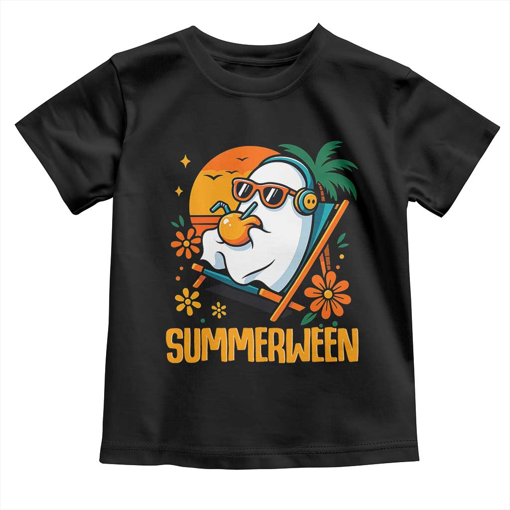 Tropical Summerween Boo Sheet Toddler T Shirt Funny Ghost Halloween Summer Beach Vibes TS02 Black Print Your Wear