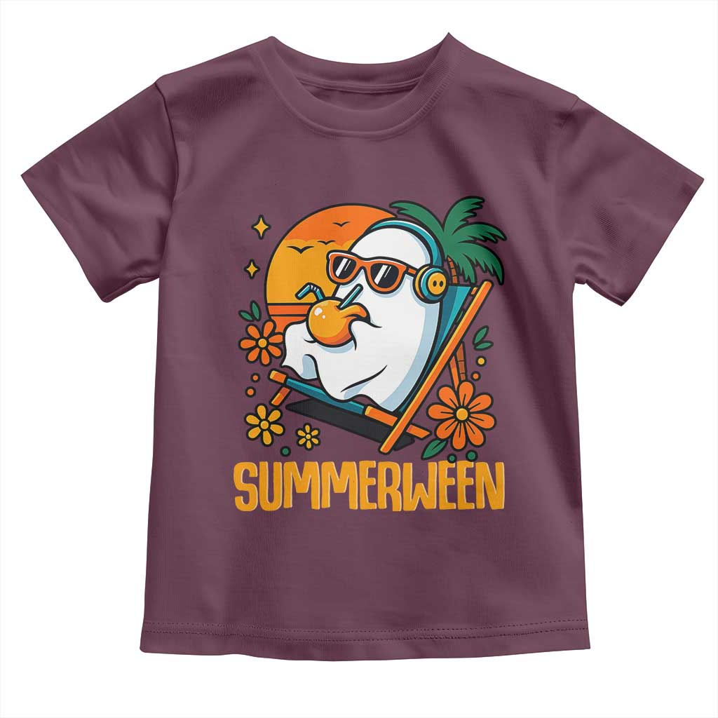 Tropical Summerween Boo Sheet Toddler T Shirt Funny Ghost Halloween Summer Beach Vibes TS02 Maroon Print Your Wear