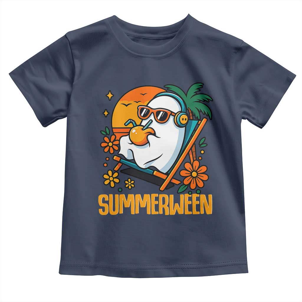 Tropical Summerween Boo Sheet Toddler T Shirt Funny Ghost Halloween Summer Beach Vibes TS02 Navy Print Your Wear