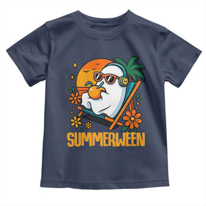 Tropical Summerween Boo Sheet Toddler T Shirt Funny Ghost Halloween Summer Beach Vibes TS02 Navy Print Your Wear