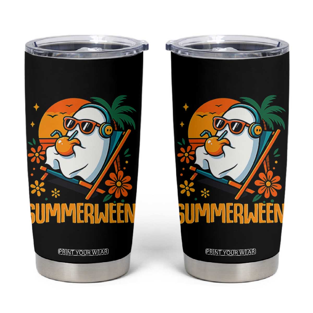 Tropical Summerween Boo Sheet Tumbler Cup Funny Ghost Halloween Summer Beach Vibes TS02 Black Print Your Wear