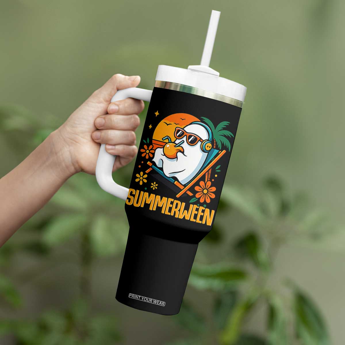 Tropical Summerween Boo Sheet Tumbler With Handle Funny Ghost Halloween Summer Beach Vibes TS02 Print Your Wear
