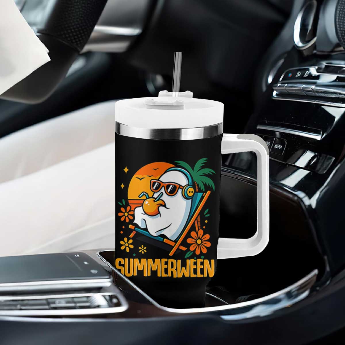 Tropical Summerween Boo Sheet Tumbler With Handle Funny Ghost Halloween Summer Beach Vibes TS02 Print Your Wear