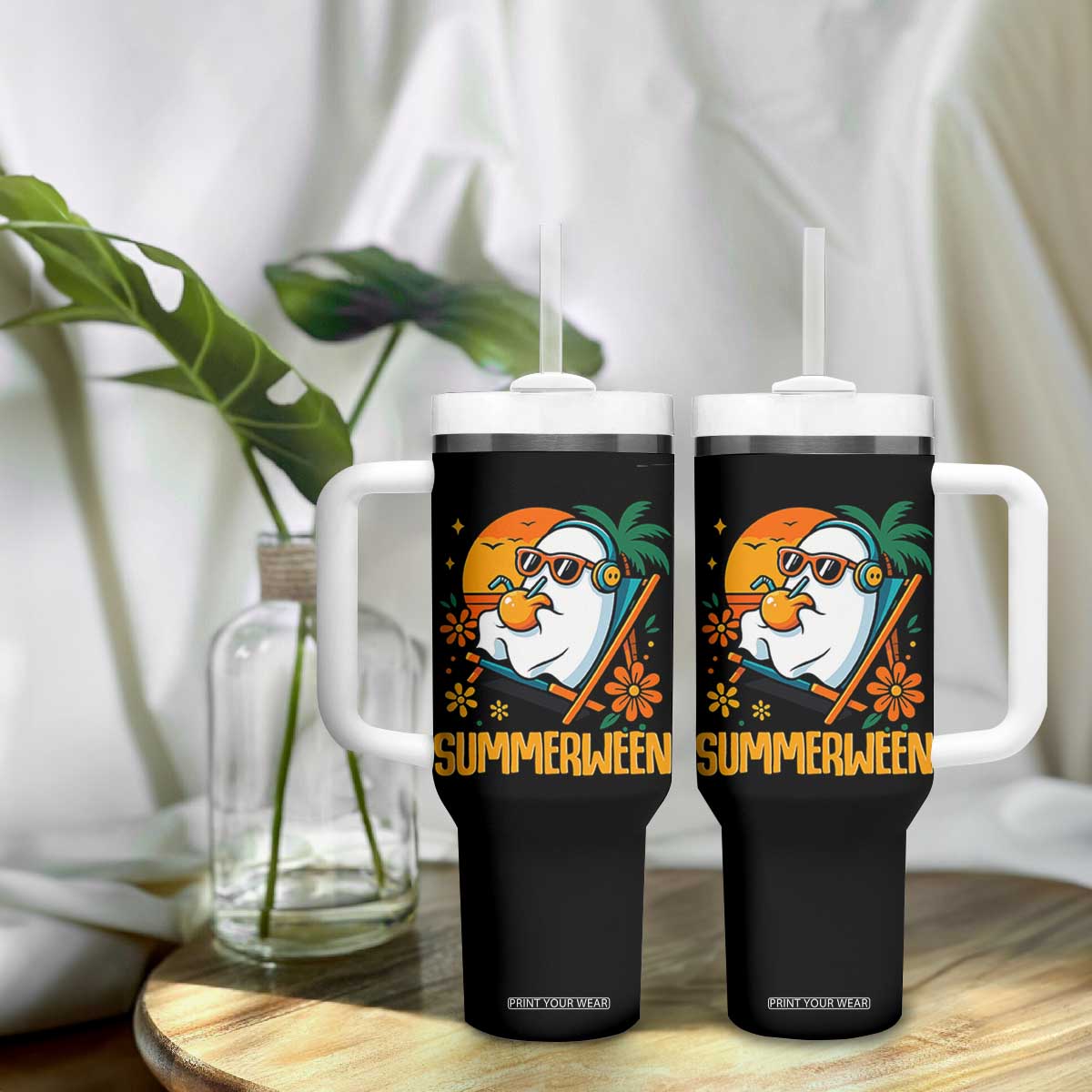 Tropical Summerween Boo Sheet Tumbler With Handle Funny Ghost Halloween Summer Beach Vibes TS02 Print Your Wear