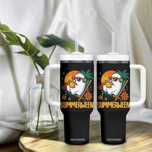 Tropical Summerween Boo Sheet Tumbler With Handle Funny Ghost Halloween Summer Beach Vibes TS02 Print Your Wear