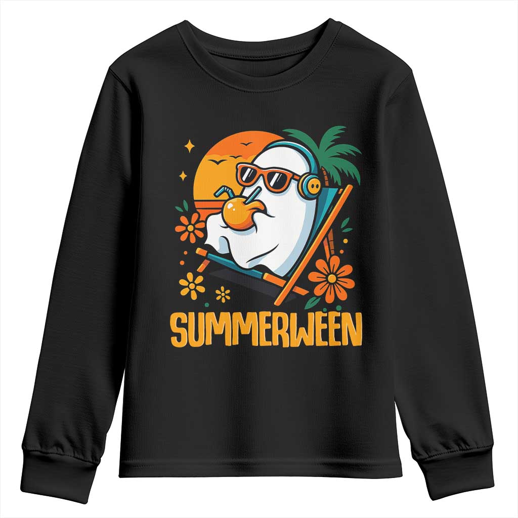Tropical Summerween Boo Sheet Youth Sweatshirt Funny Ghost Halloween Summer Beach Vibes TS02 Black Print Your Wear