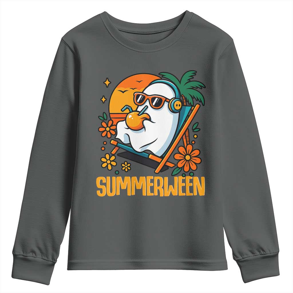 Tropical Summerween Boo Sheet Youth Sweatshirt Funny Ghost Halloween Summer Beach Vibes TS02 Dark Heather Print Your Wear