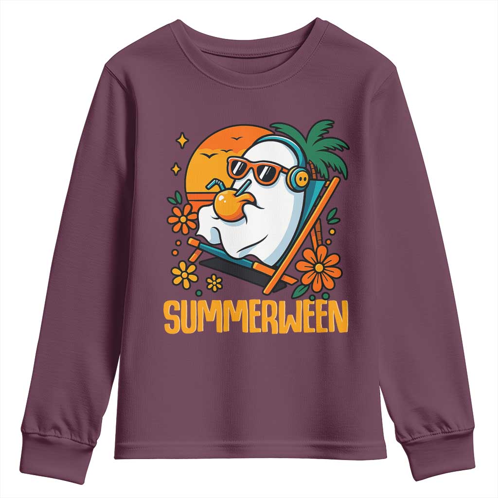 Tropical Summerween Boo Sheet Youth Sweatshirt Funny Ghost Halloween Summer Beach Vibes TS02 Maroon Print Your Wear