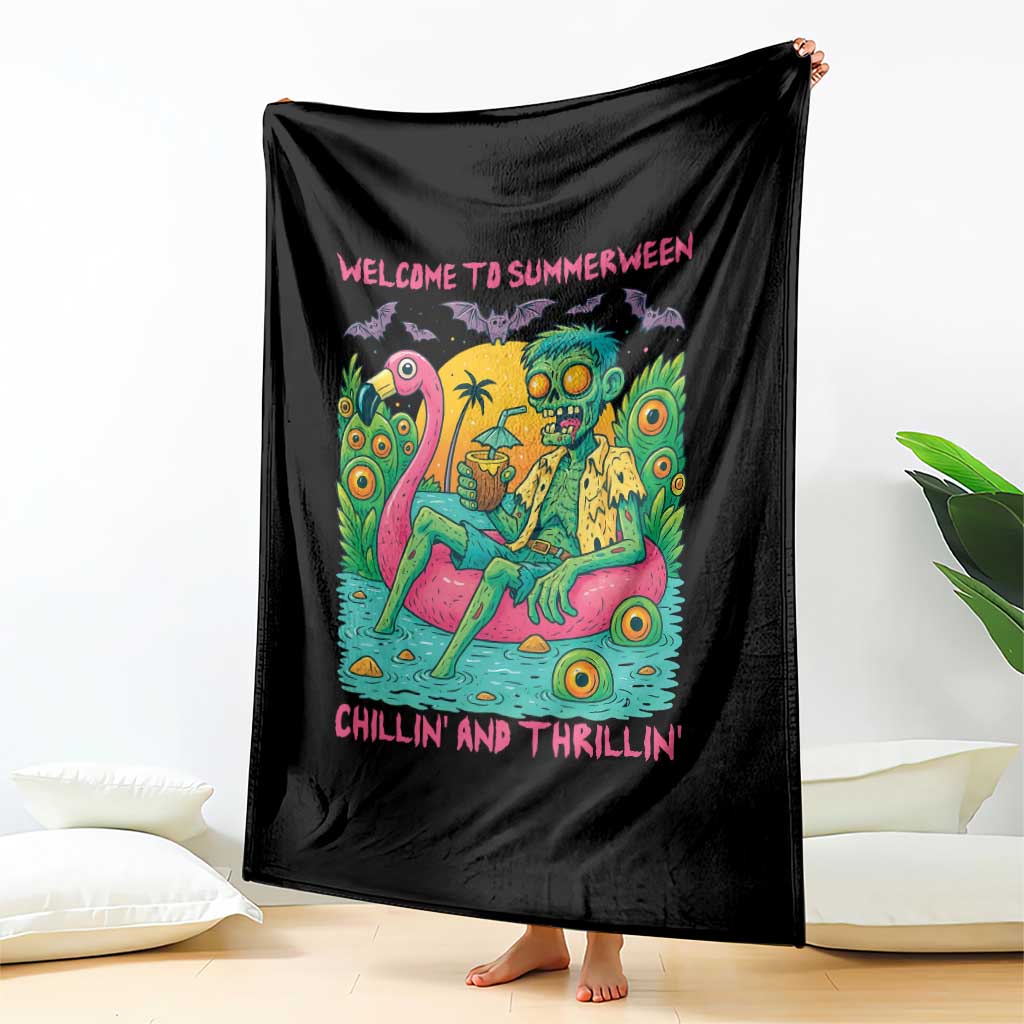 Summerween Zombie Pool Party Throw Blanket Chillin and Thrillin Flamingo Float Summer Halloween TS02 Print Your Wear