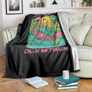 Summerween Zombie Pool Party Throw Blanket Chillin and Thrillin Flamingo Float Summer Halloween TS02 Print Your Wear