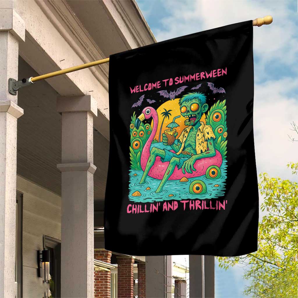 Summerween Zombie Pool Party Garden Flag Chillin and Thrillin Flamingo Float Summer Halloween TS02 Print Your Wear