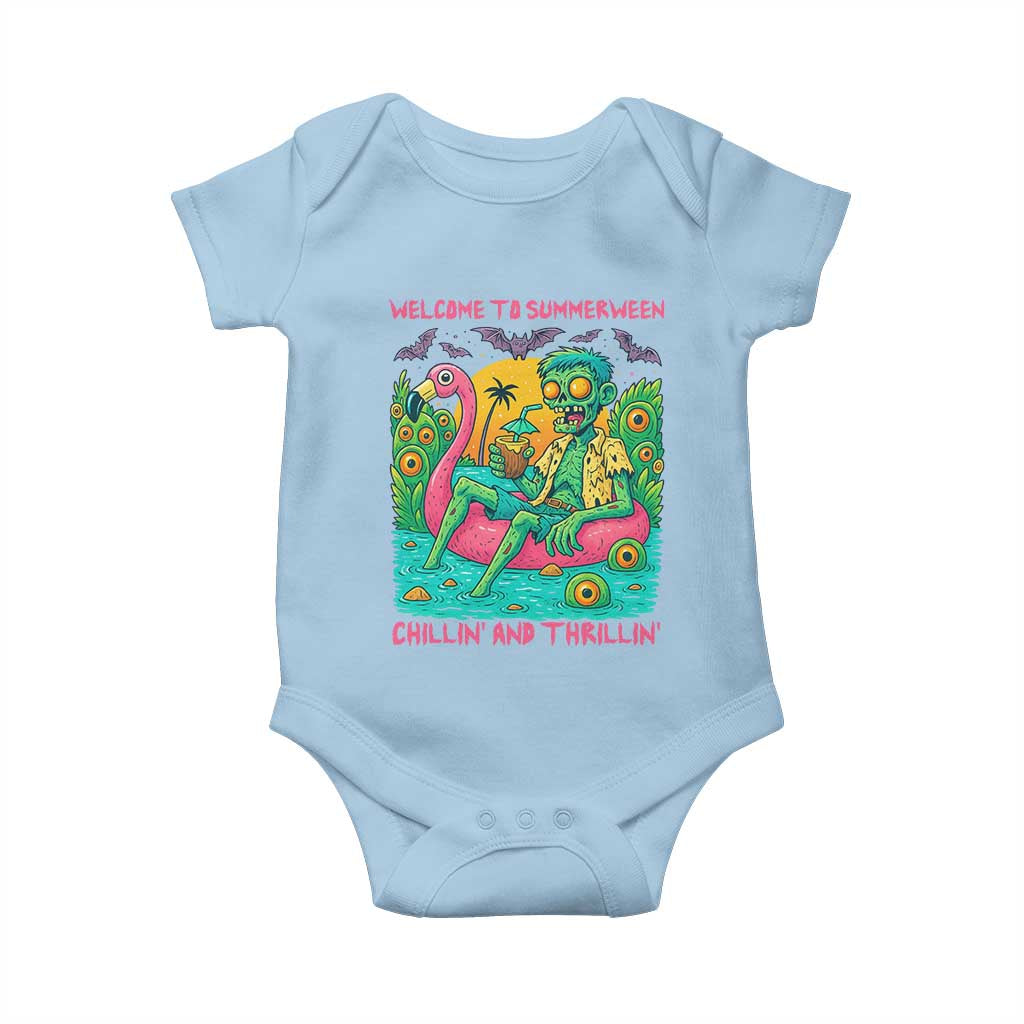 Summerween Zombie Pool Party Baby Onesie Chillin and Thrillin Flamingo Float Summer Halloween TS02 Light Blue Print Your Wear