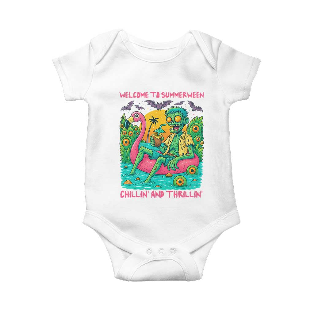 Summerween Zombie Pool Party Baby Onesie Chillin and Thrillin Flamingo Float Summer Halloween TS02 White Print Your Wear
