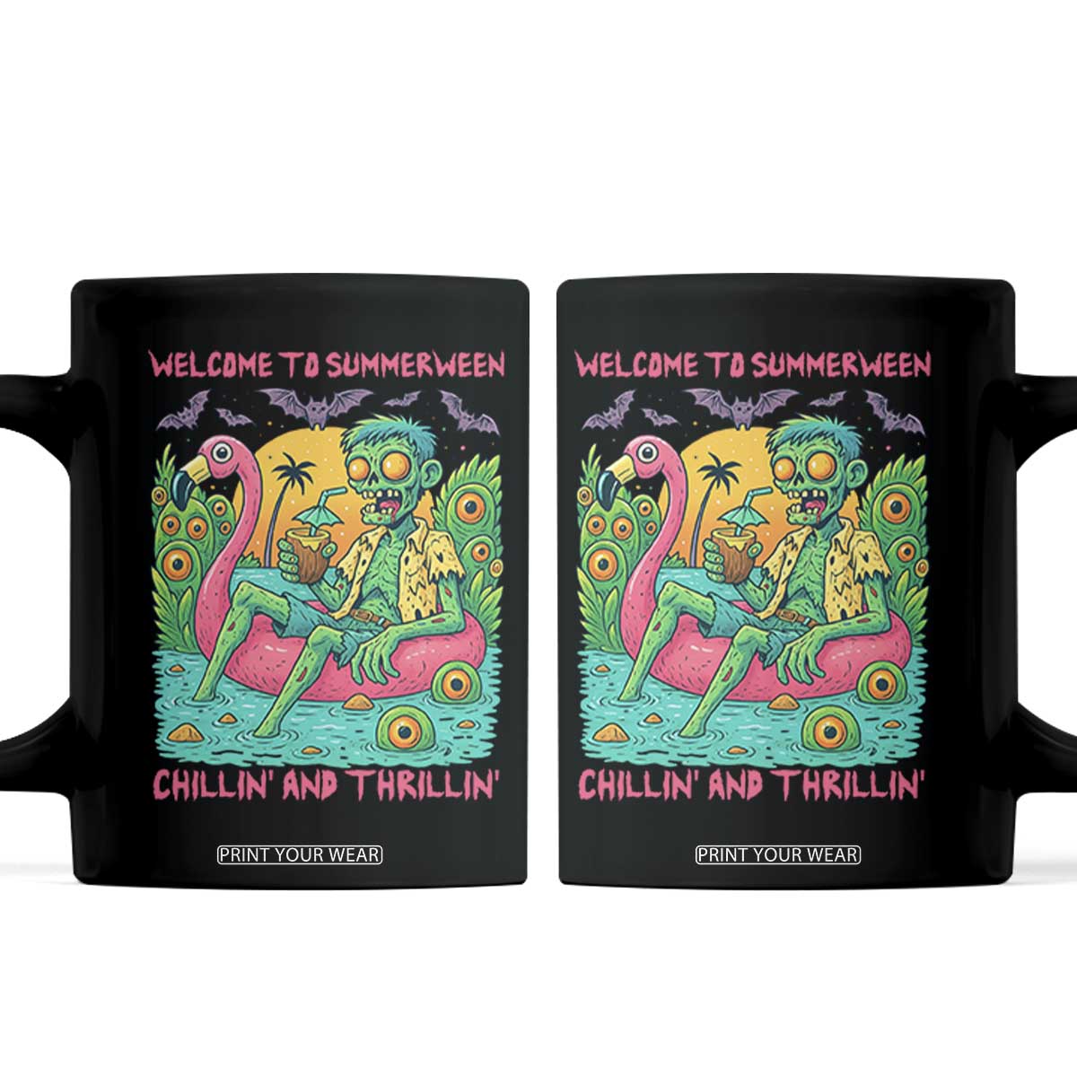 Summerween Zombie Pool Party Coffee Mug Chillin and Thrillin Flamingo Float Summer Halloween TS02 Black Print Your Wear
