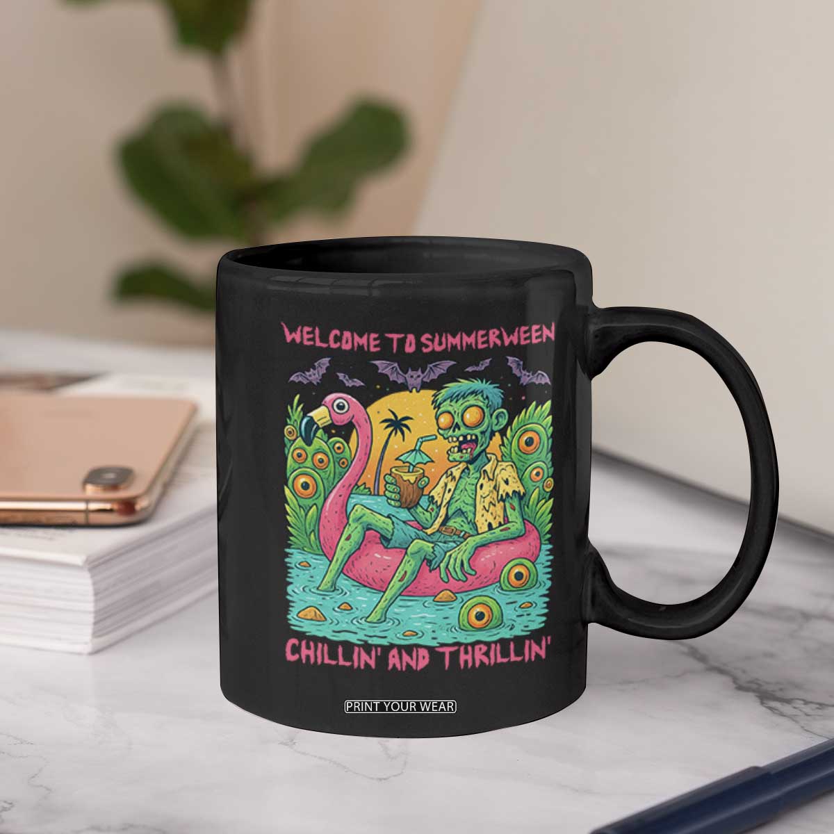 Summerween Zombie Pool Party Coffee Mug Chillin and Thrillin Flamingo Float Summer Halloween TS02 Print Your Wear
