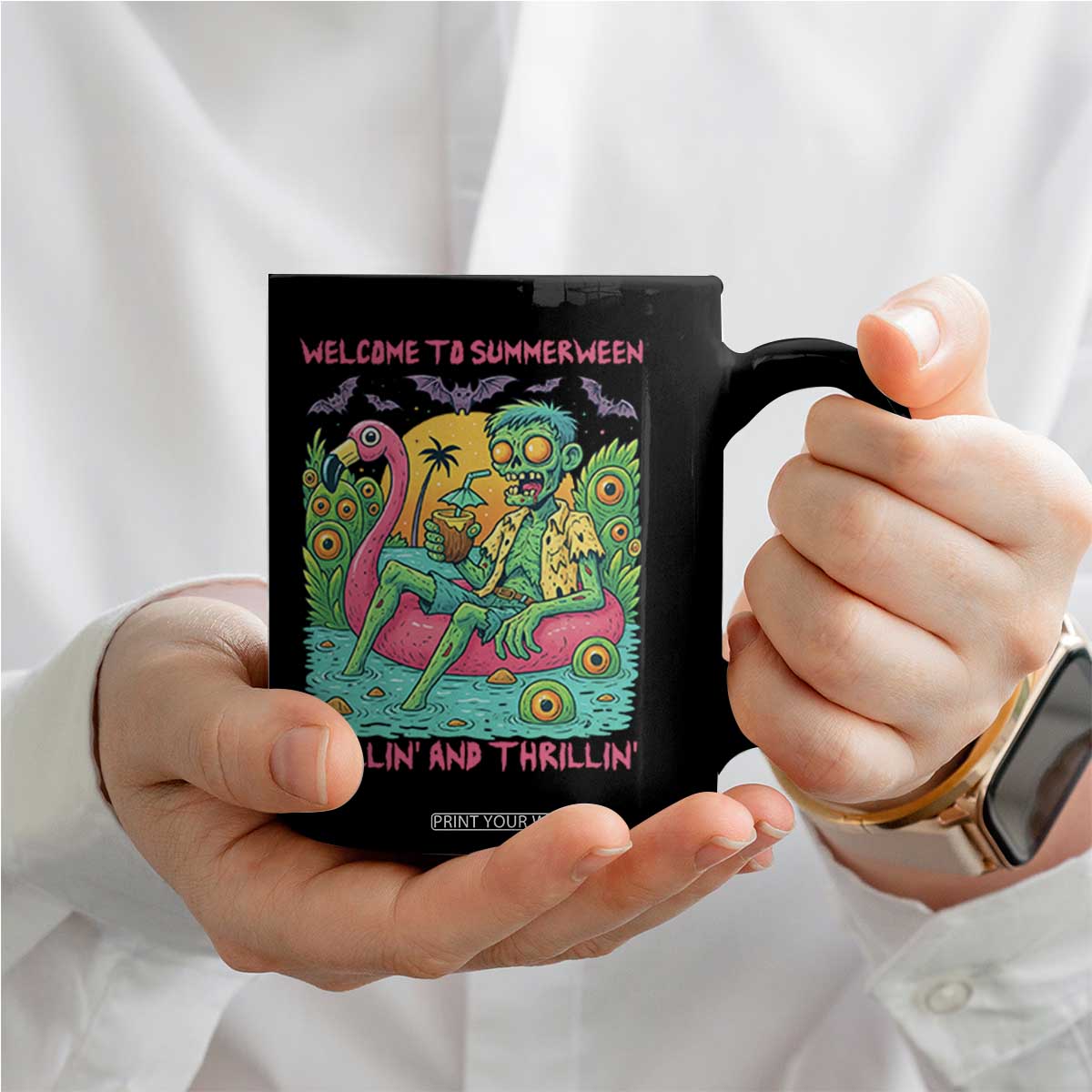 Summerween Zombie Pool Party Coffee Mug Chillin and Thrillin Flamingo Float Summer Halloween TS02 Print Your Wear