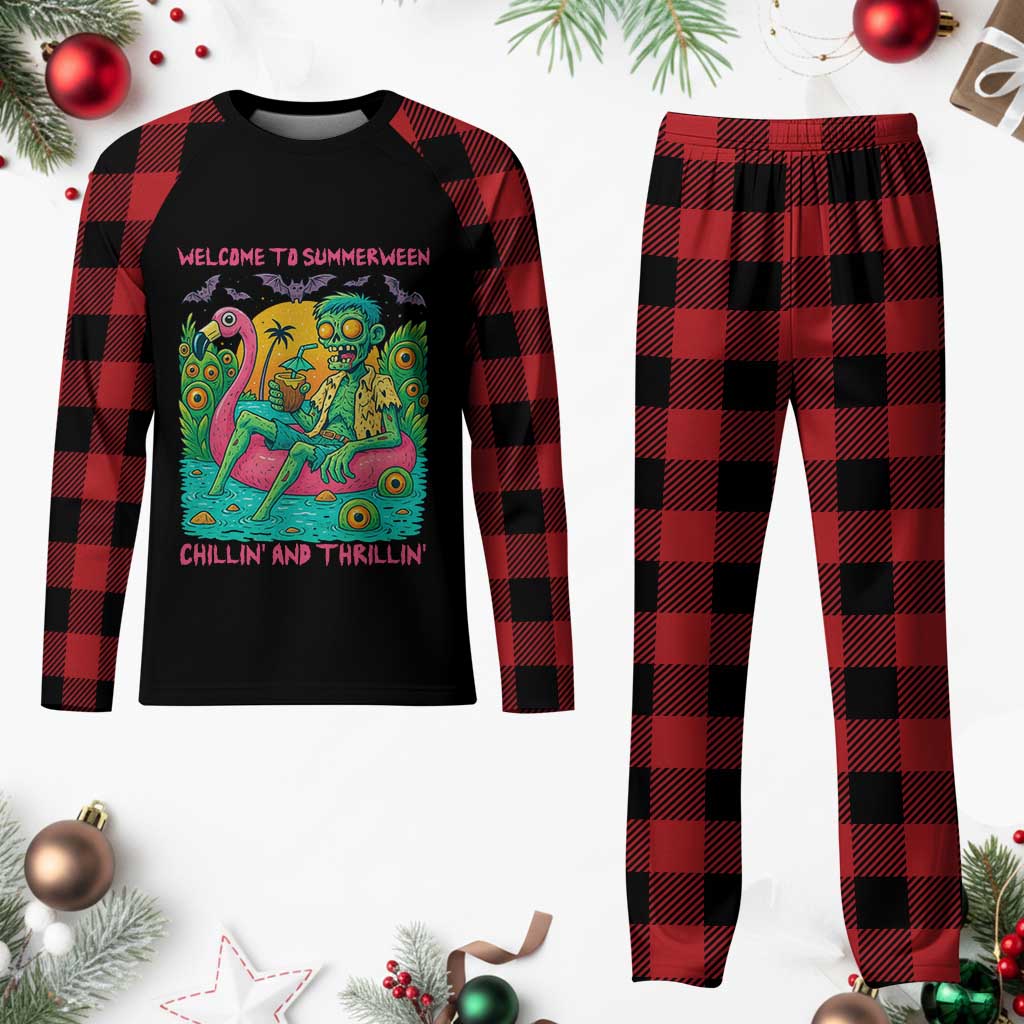 Summerween Zombie Pool Party Plaid Pajama Set Chillin and Thrillin Flamingo Float Summer Halloween TS02 Buffalo Plaid Print Your Wear