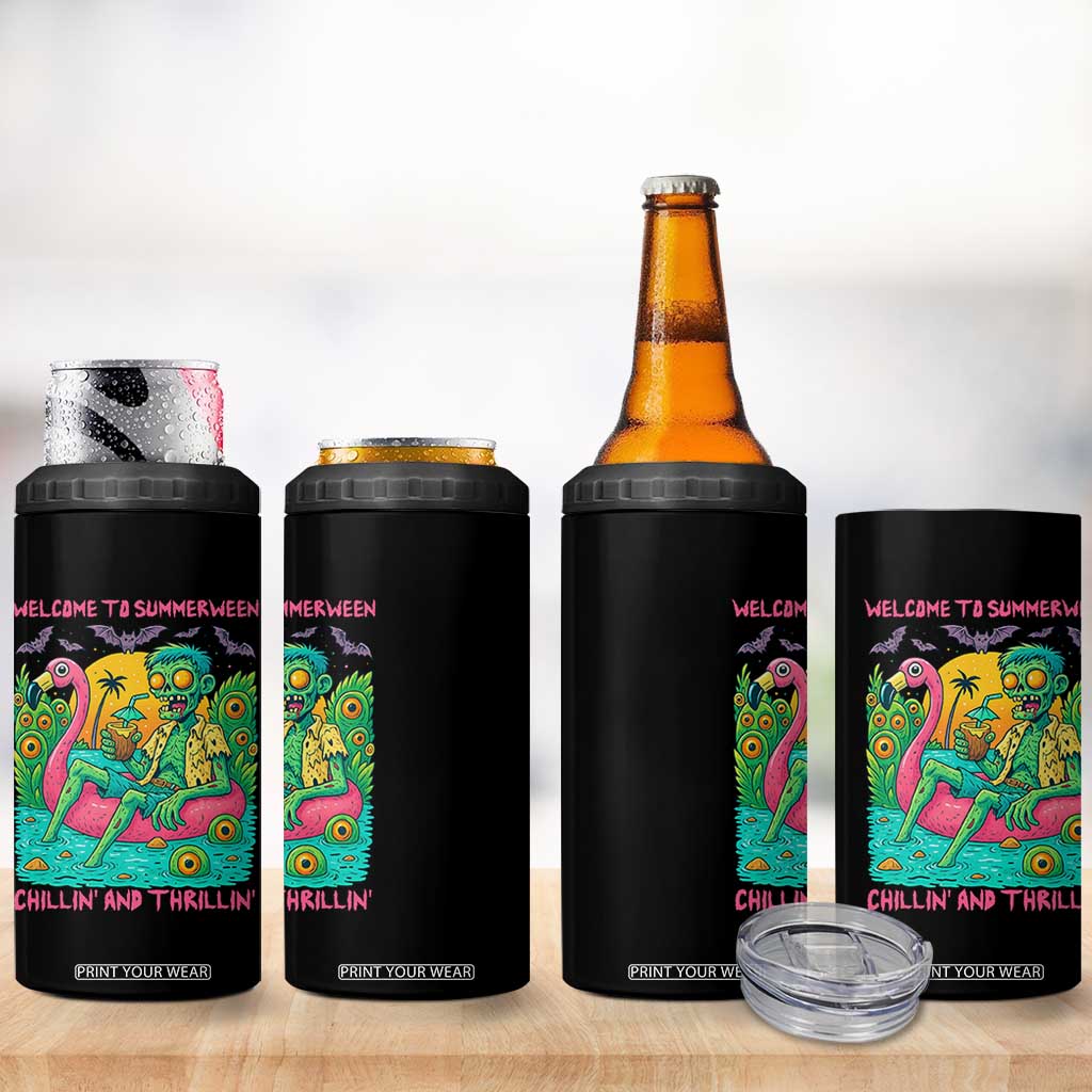 Summerween Zombie Pool Party 4 in 1 Can Cooler Tumbler Chillin and Thrillin Flamingo Float Summer Halloween TS02 Print Your Wear