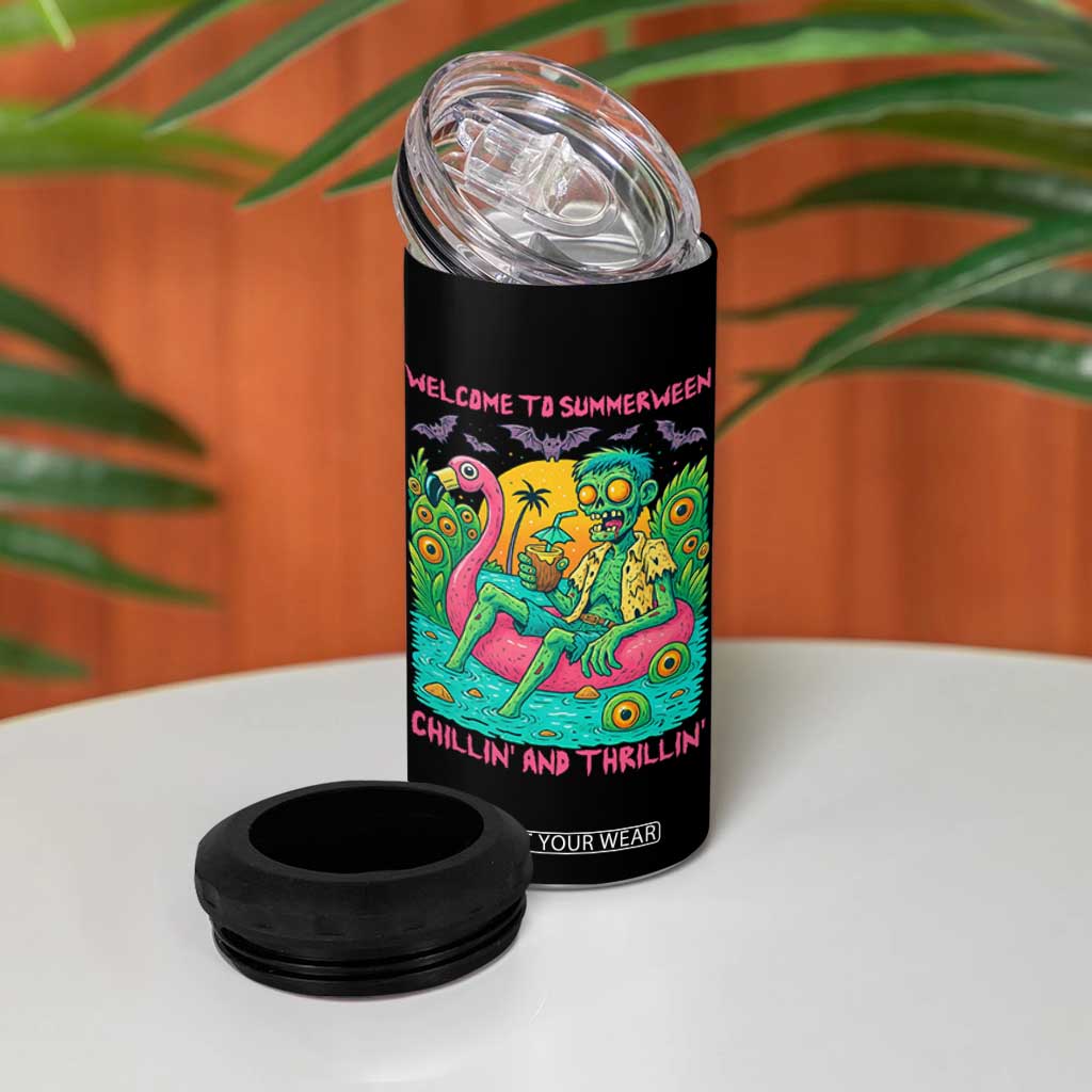 Summerween Zombie Pool Party 4 in 1 Can Cooler Tumbler Chillin and Thrillin Flamingo Float Summer Halloween TS02 Print Your Wear