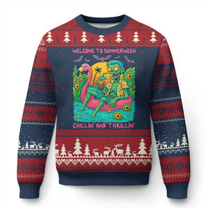 Summerween Zombie Pool Party Ugly Christmas Sweater Chillin and Thrillin Flamingo Float Summer Halloween TS02 Navy Red Print Your Wear