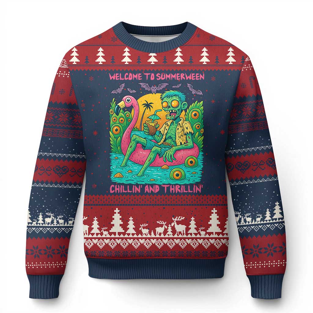 Summerween Zombie Pool Party Ugly Christmas Sweater Chillin and Thrillin Flamingo Float Summer Halloween TS02 Navy Red Print Your Wear