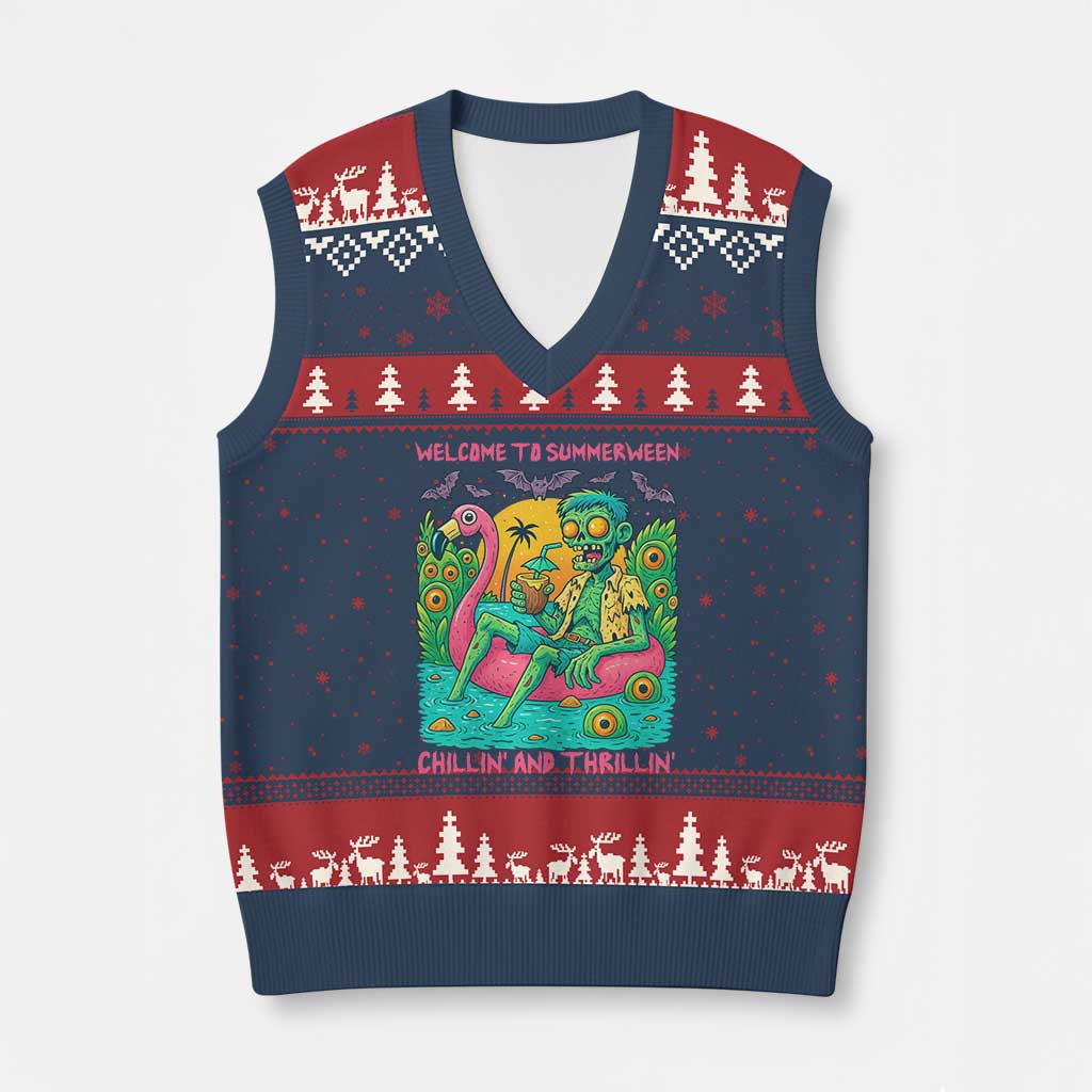 Summerween Zombie Pool Party V-Neck Knit Sweater Vest Chillin and Thrillin Flamingo Float Summer Halloween