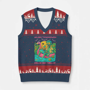 Summerween Zombie Pool Party V-Neck Knit Sweater Vest Chillin and Thrillin Flamingo Float Summer Halloween