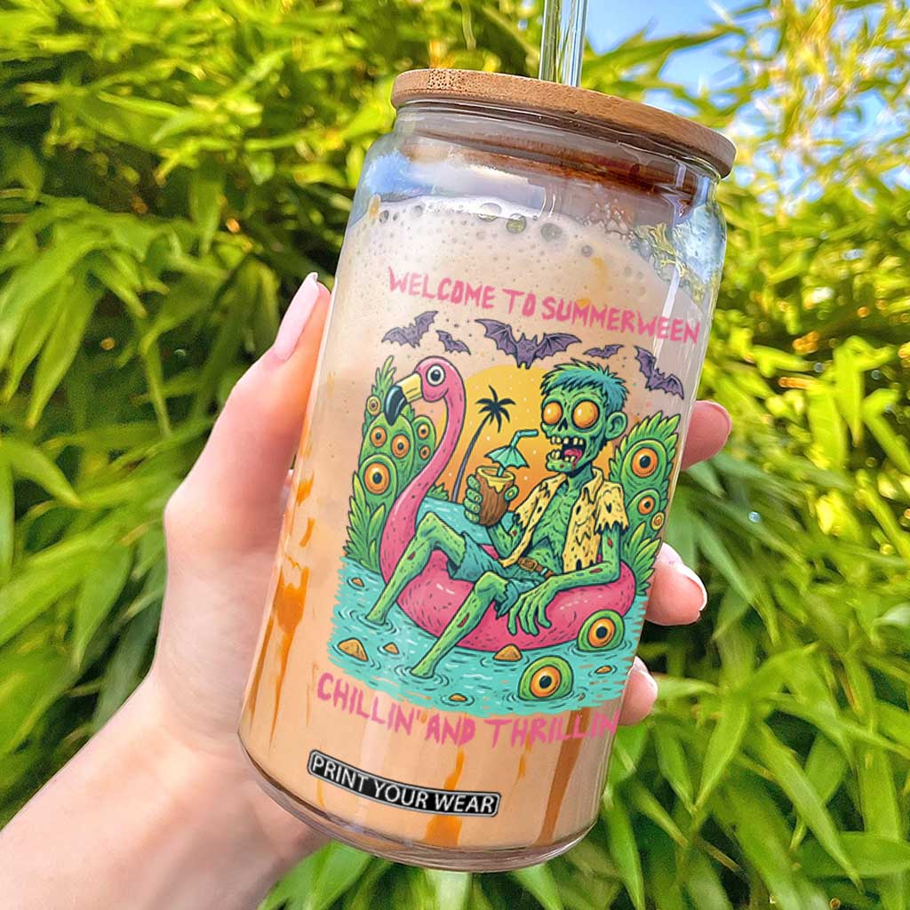 Summerween Zombie Pool Party Glass Can Chillin and Thrillin Flamingo Float Summer Halloween TS02 Black Print Your Wear