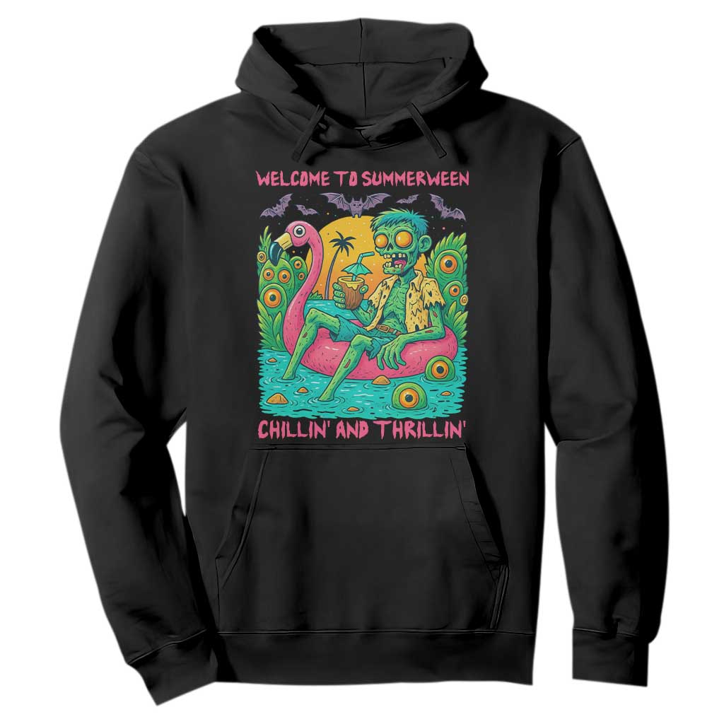 Summerween Zombie Pool Party Hoodie Chillin and Thrillin Flamingo Float Summer Halloween TS02 Black Print Your Wear