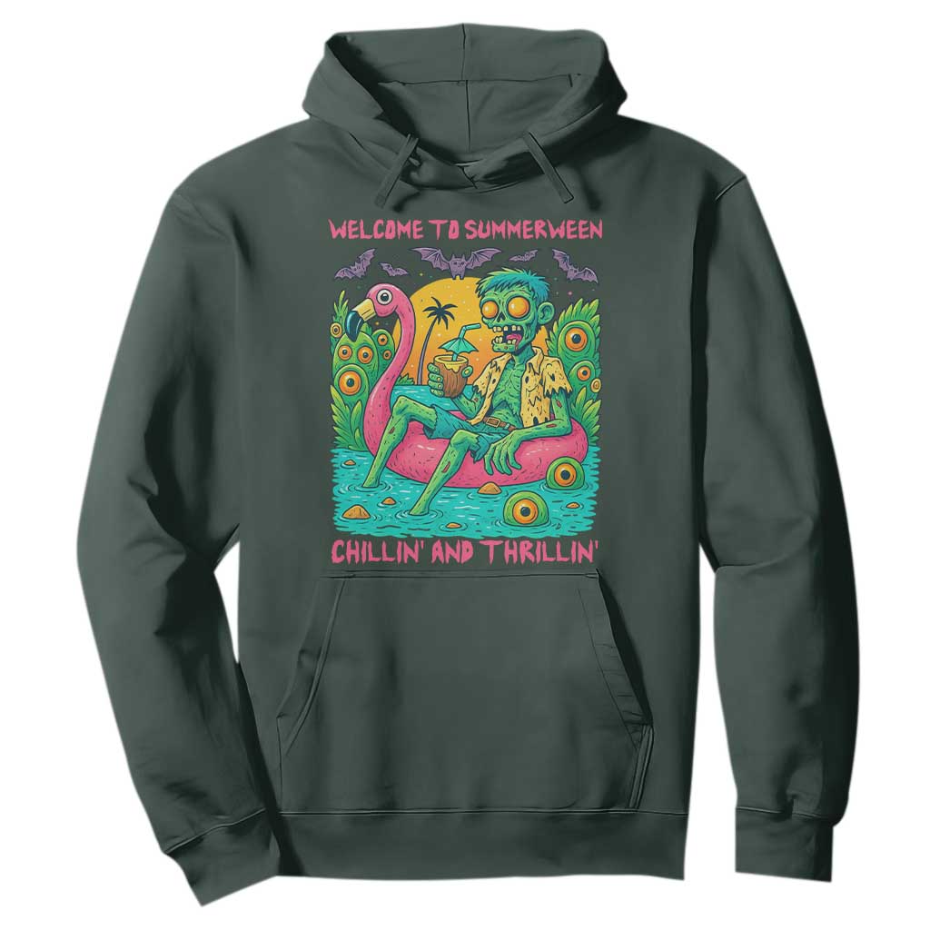 Summerween Zombie Pool Party Hoodie Chillin and Thrillin Flamingo Float Summer Halloween TS02 Dark Forest Green Print Your Wear