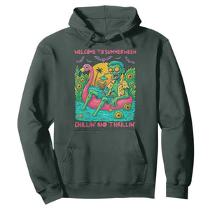 Summerween Zombie Pool Party Hoodie Chillin and Thrillin Flamingo Float Summer Halloween TS02 Dark Forest Green Print Your Wear