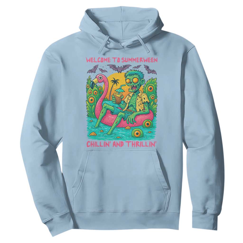 Summerween Zombie Pool Party Hoodie Chillin and Thrillin Flamingo Float Summer Halloween TS02 Light Blue Print Your Wear