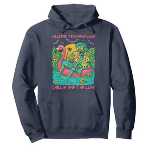 Summerween Zombie Pool Party Hoodie Chillin and Thrillin Flamingo Float Summer Halloween TS02 Navy Print Your Wear